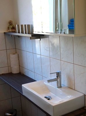 Hair dryer, towels, soap, toilet paper