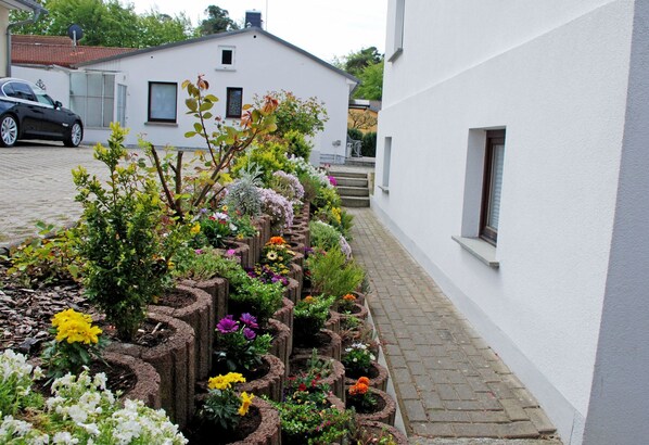 Un étroit sentier bordé de murs blancs et d’une rangée de jardinières où sont plantées différentes sortes de fleurs.