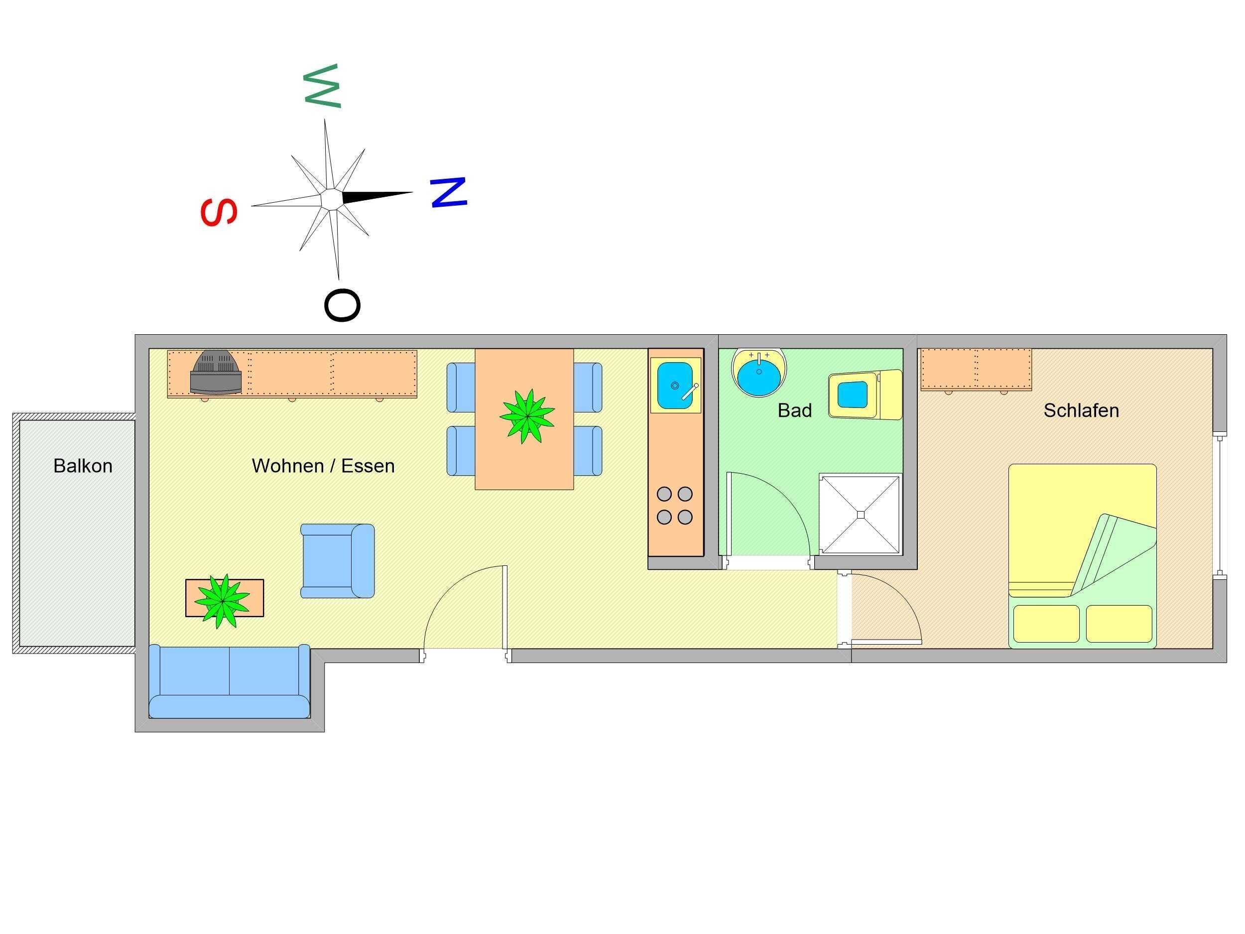 Plan d’étage d’une chambre d’hôtel comprenant un balcon, un espace de vie, une salle de bain et une chambre à coucher.