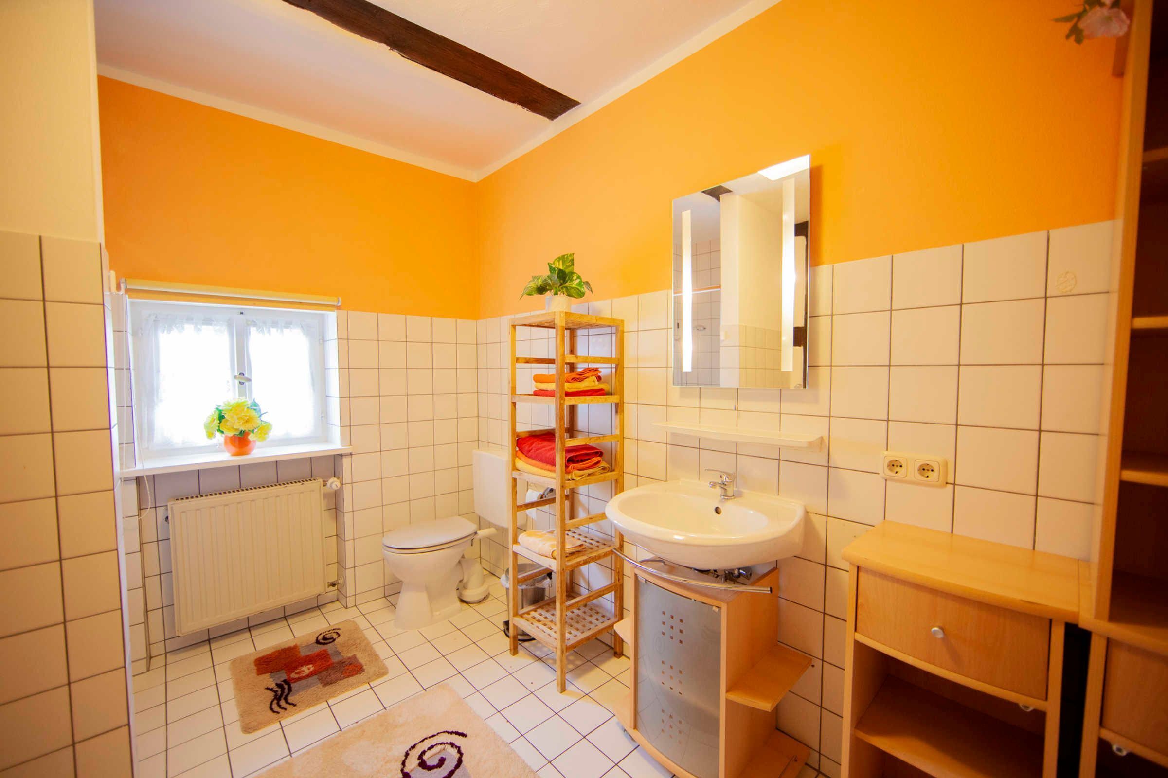 Une salle de bain avec un lavabo blanc, des toilettes, une fenêtre avec une plante et une étagère avec des serviettes.