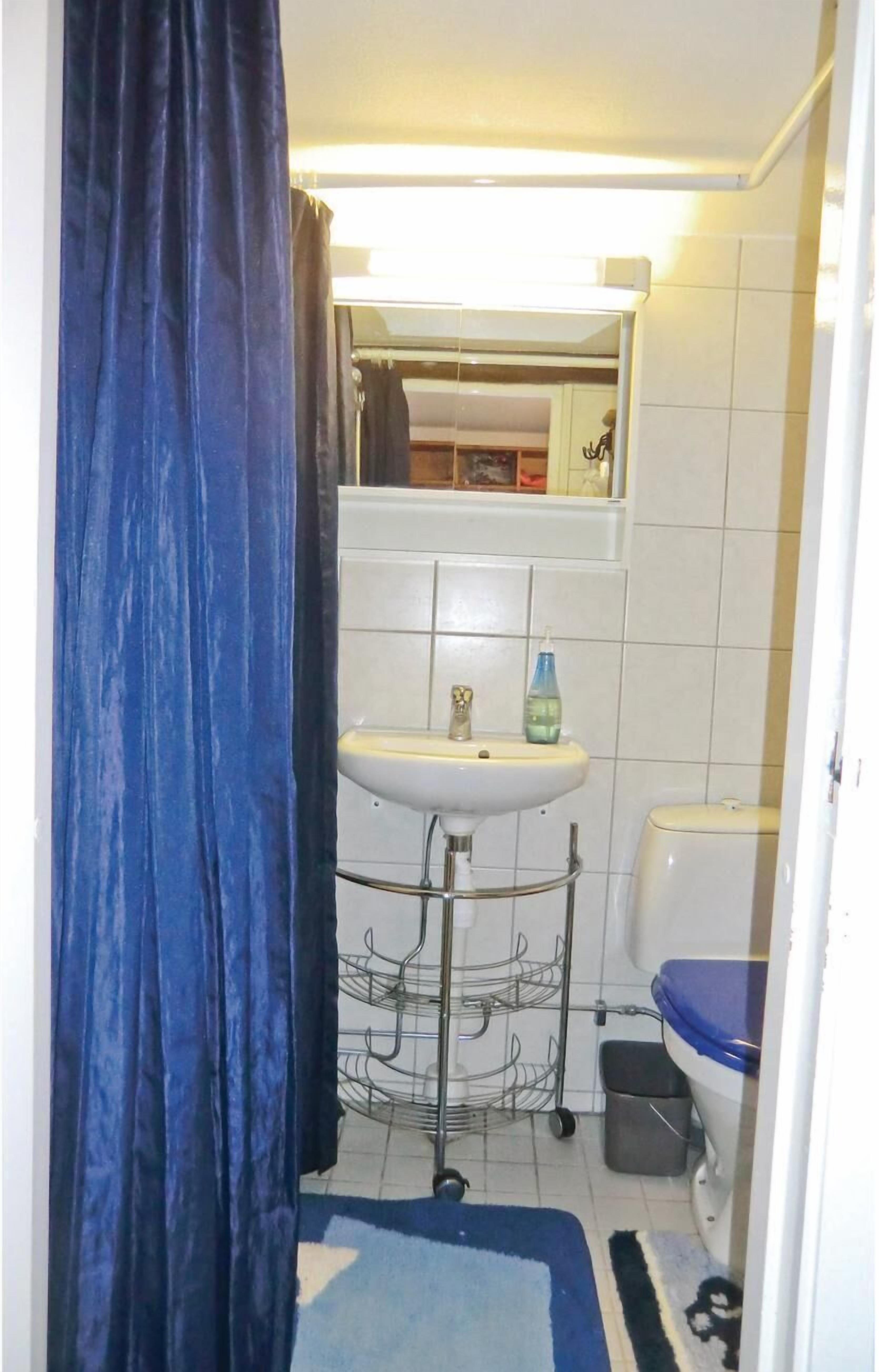 A small bathroom with a white sink, a toilet, and a blue curtain.