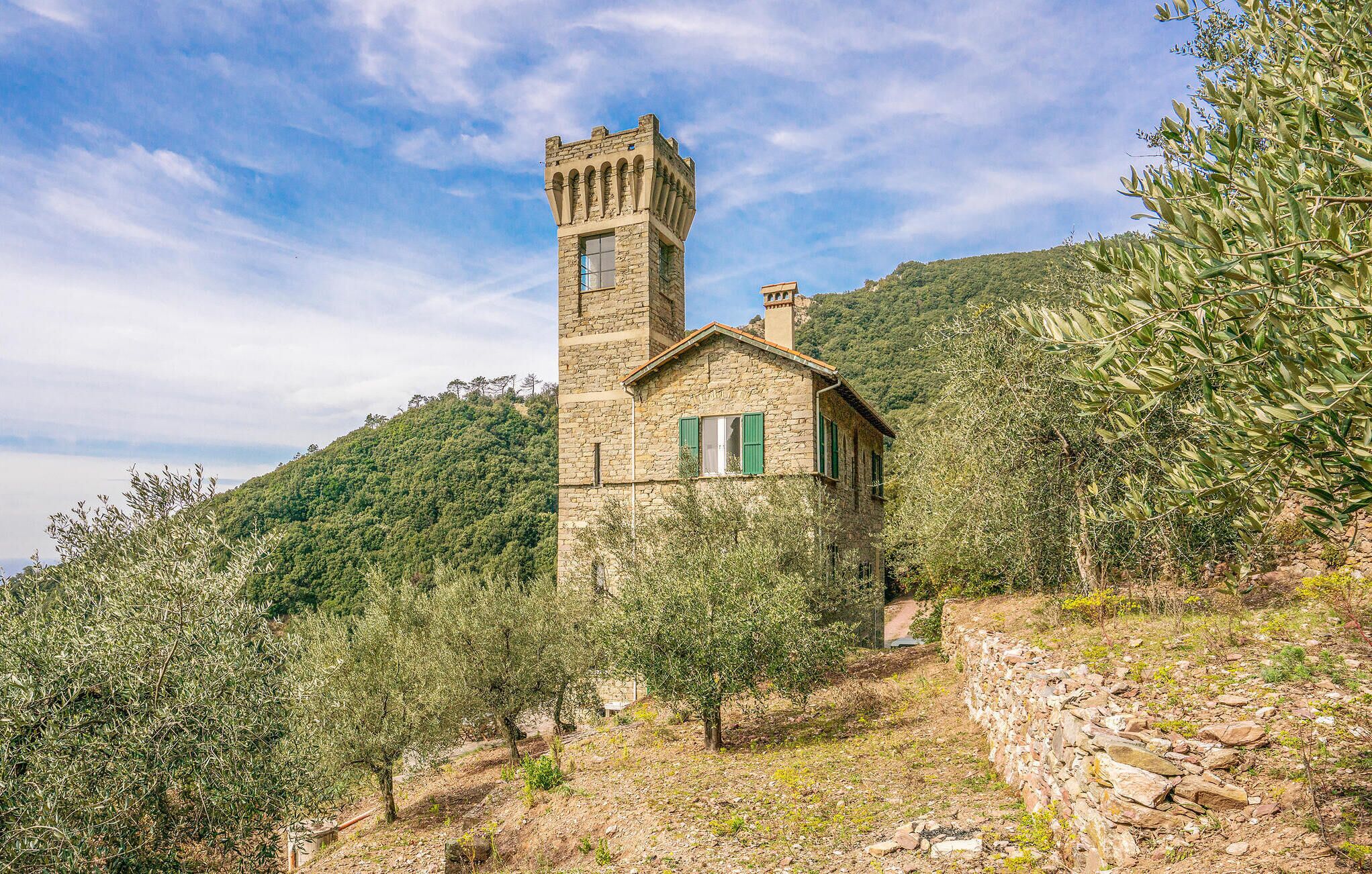A stone building with a tower, surrounded by olive trees and hills.