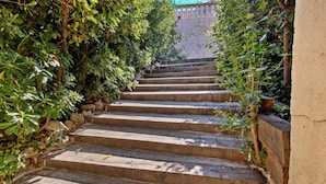 A set of concrete steps leading up a stone wall, surrounded by dense green foliage. - Lovely home in Sainte Maxime (Sainte Maxime)