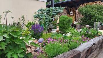 Ein Garten mit verschiedenen Pflanzen und Ziergegenständen.