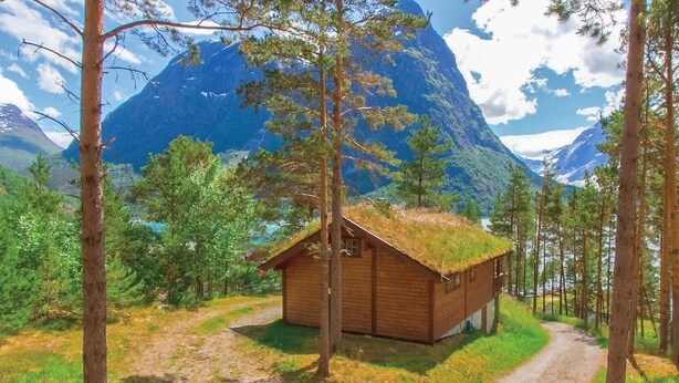 Eine Holzhütte mit Strohdach, umgeben von Bäumen und Bergen.