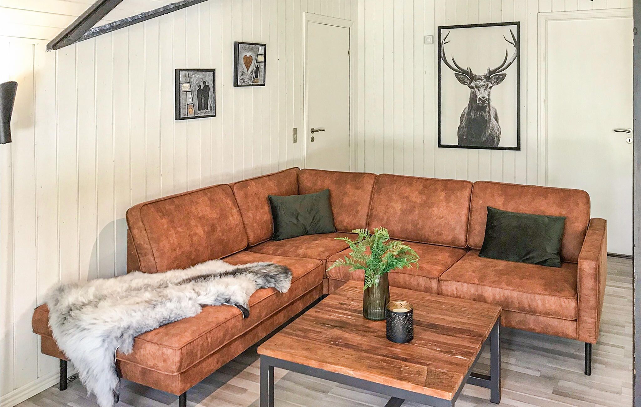 A brown leather sofa with a furry throw, a wooden coffee table, and a green plant.