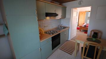 Fridge, oven, toaster, cookware/dishes/utensils