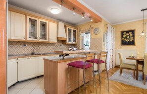 Fridge, stovetop, dishwasher, coffee/tea maker