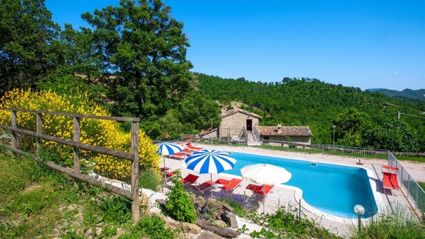 Ein Schwimmbecken mit einem Steinhaus und einem Holzzaun in einer natürlichen Umgebung.