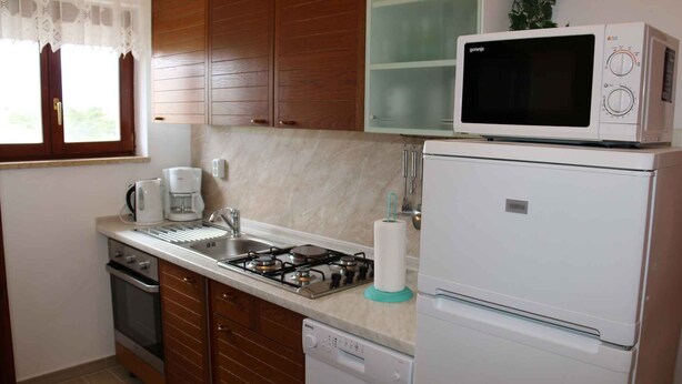 Une cuisine de taille réduite équipée d’une cuisinière à gaz, d’un four à micro-ondes, d’un lave-vaisselle et de meubles de rangement en bois.