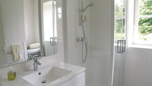 A modern bathroom with a white sink, a mirror, a shower with a handheld showerhead, and a window providing a view of greenery outside. - Cozy home in St. Jean Aux Amognes (St. Jean Aux Amognes)
