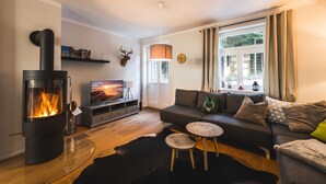 Ein gemütliches Wohnzimmer mit Kamin, einer Couch, einem Fernseher und einem Fenster mit Vorhängen.