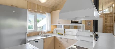 Fridge, stovetop, dishwasher, coffee/tea maker