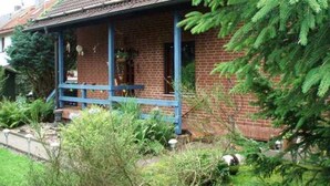 A brick house with a blue porch and a large green tree in front.