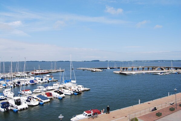 A marina with numerous boats docked, a pedestrian walkway, and a bridge in the background.