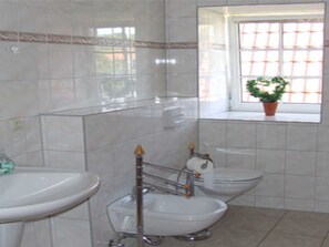 Hair dryer, bidet, soap, toilet paper