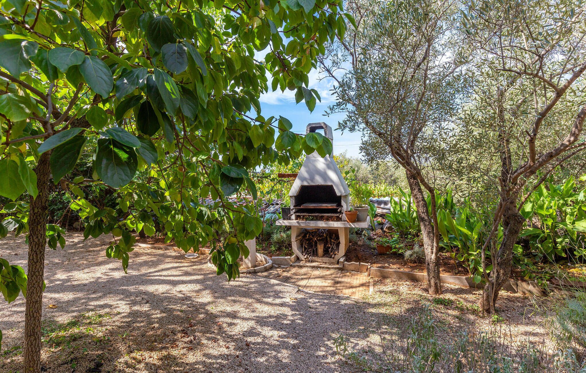 Un cadre extérieur rustique avec un espace barbecue en pierre, entouré d’arbres et de verdure.