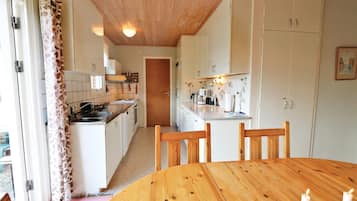 Fridge, stovetop, dishwasher, coffee/tea maker