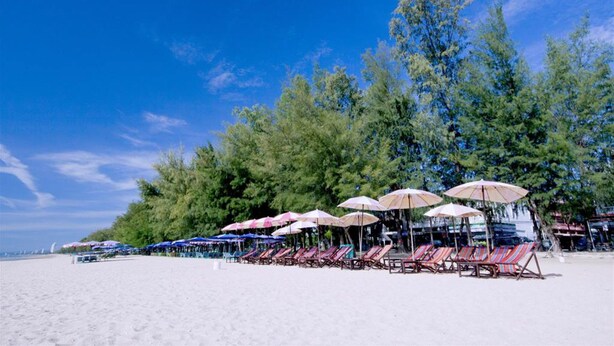 A beach with rows of sun loungers and umbrellas, a clear sky, and dense trees in the background. - Irin Beach Cha - am (Cha-am)