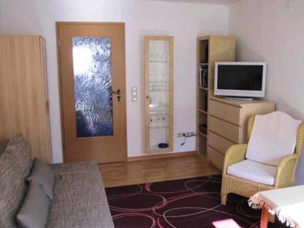 A living room with a sofa, a television on a stand, a bookshelf, and a door with frosted glass.