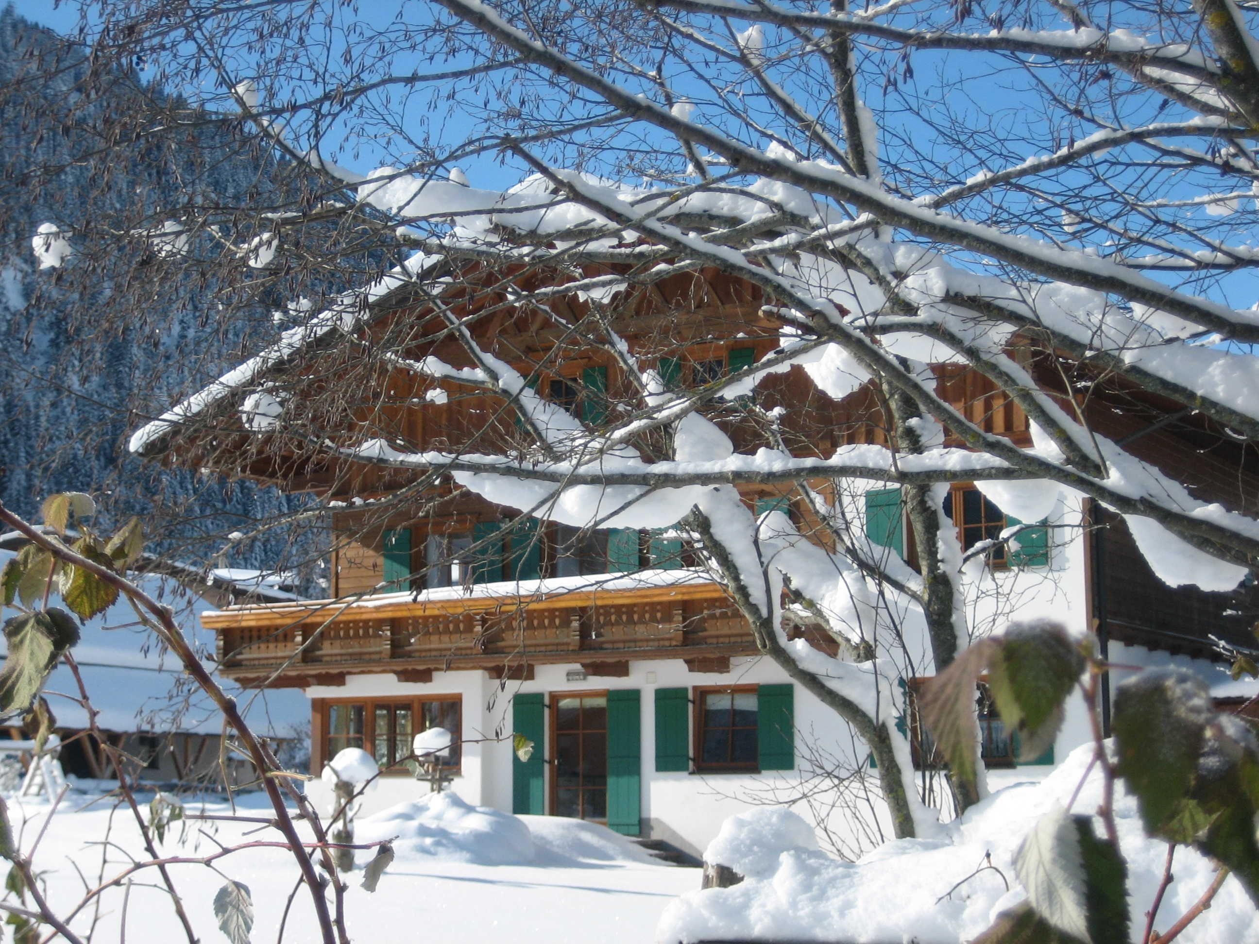 A chalet with a wooden facade, green shutters, and snow-covered surroundings.
