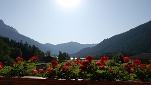 A mountainous landscape with a clear sky, a body of water, and red flowers in the foreground.