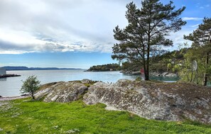 A coastal landscape with a grassy foreground, rocky outcrops, and a clear view of the water.