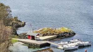 Une scène côtière avec un petit quai, un bâtiment rouge et plusieurs bateaux.