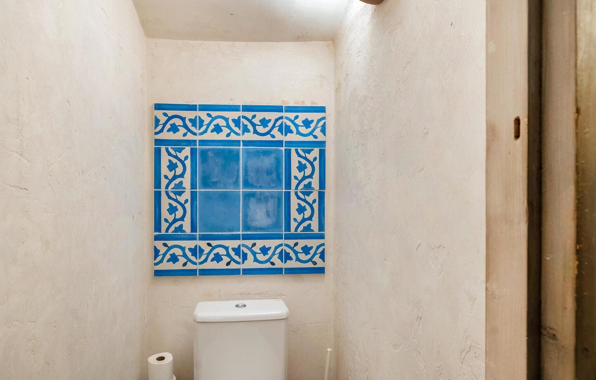 A small bathroom with a white toilet, a roll of toilet paper, and a blue and white tiled wall.