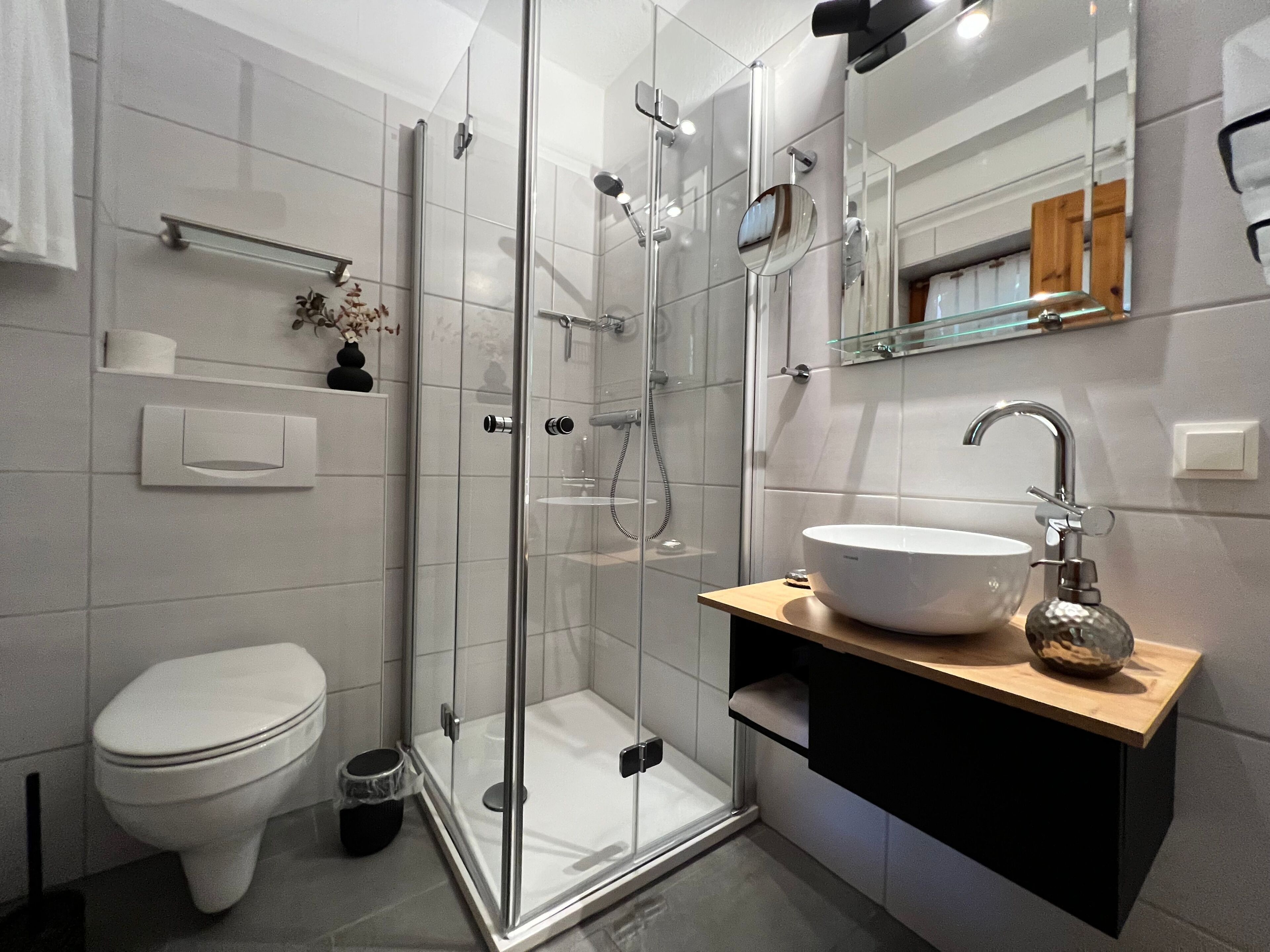 Dusche, Haartrockner, Seife, Toilettenpapier