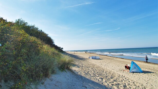 A beach with a tent, sand, and ocean.