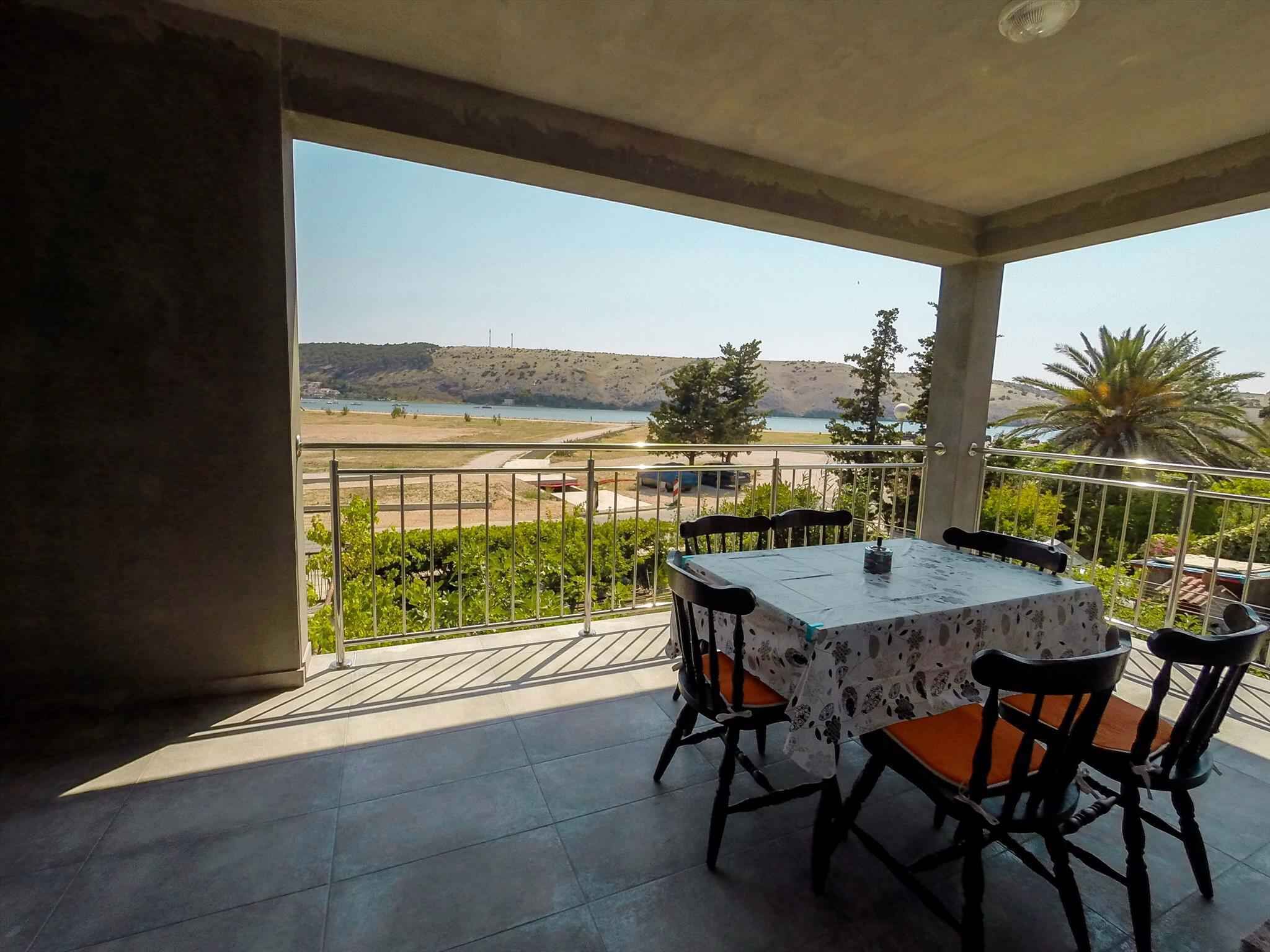 Ein Balkon mit Tisch und Stühlen, der einen weiten Blick auf eine schöne Landschaft mit Hügeln und einem Gewässer bietet.