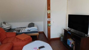 A cozy living room with a bed, a sofa, a TV, and a bookshelf. - Holiday apartment with a view of the Franconian Forest (Blankenstein)