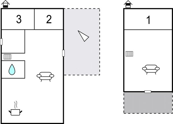 A hotel room layout with a bed, a sofa, a small table, a chair, a window, and a bathroom. - Amazing home in Askeby with kitchen (Askeby)
