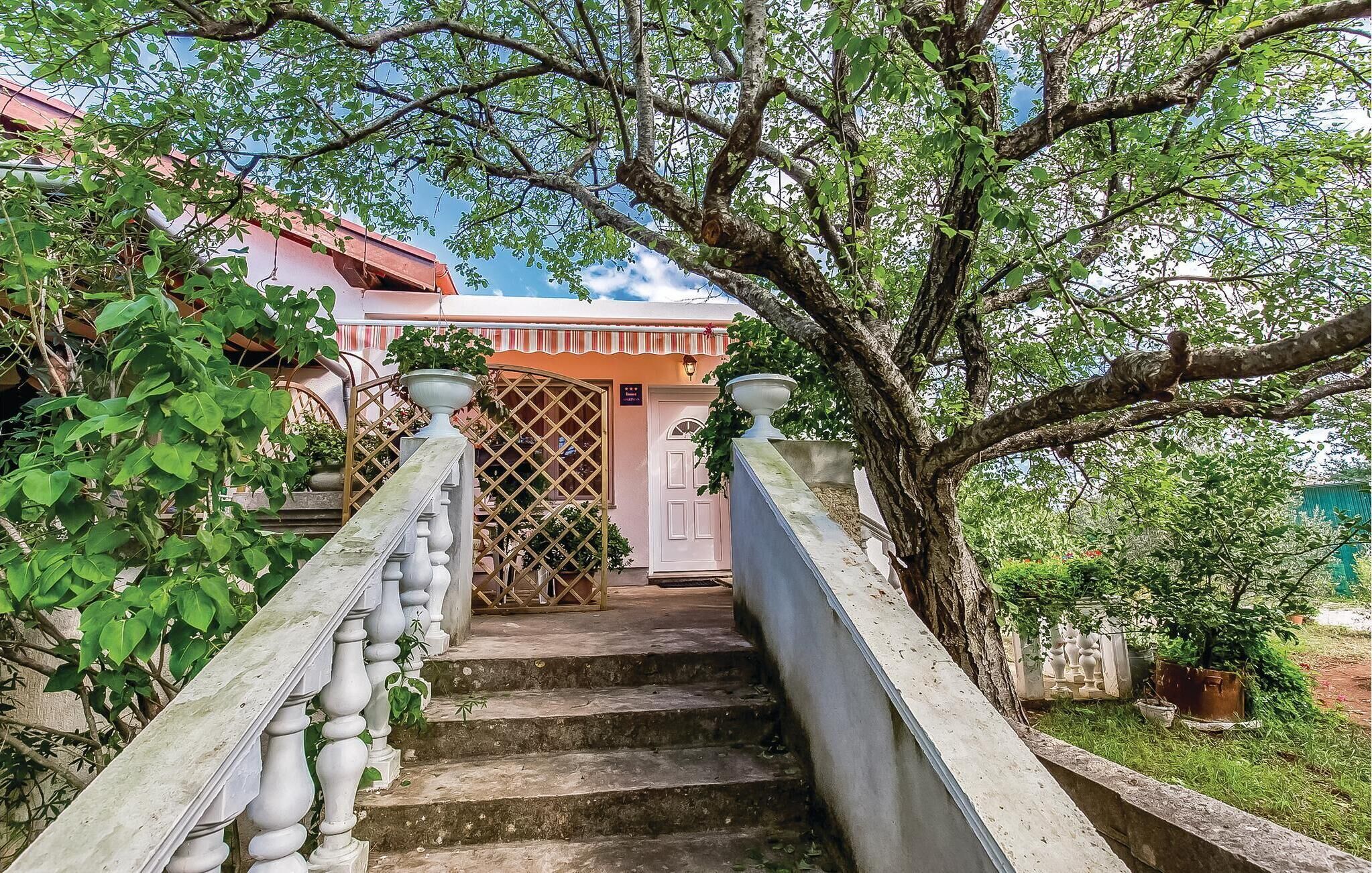A staircase leading to a building with a white door, surrounded by greenery and a lattice fence.