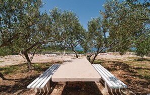 Situated in a serene natural landscape, this outdoor space features a picnic table with benches, surrounded by olive trees and a distant sea view.