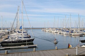 A marina with multiple sailboats docked, a person on a jet ski, and a wooden dock.