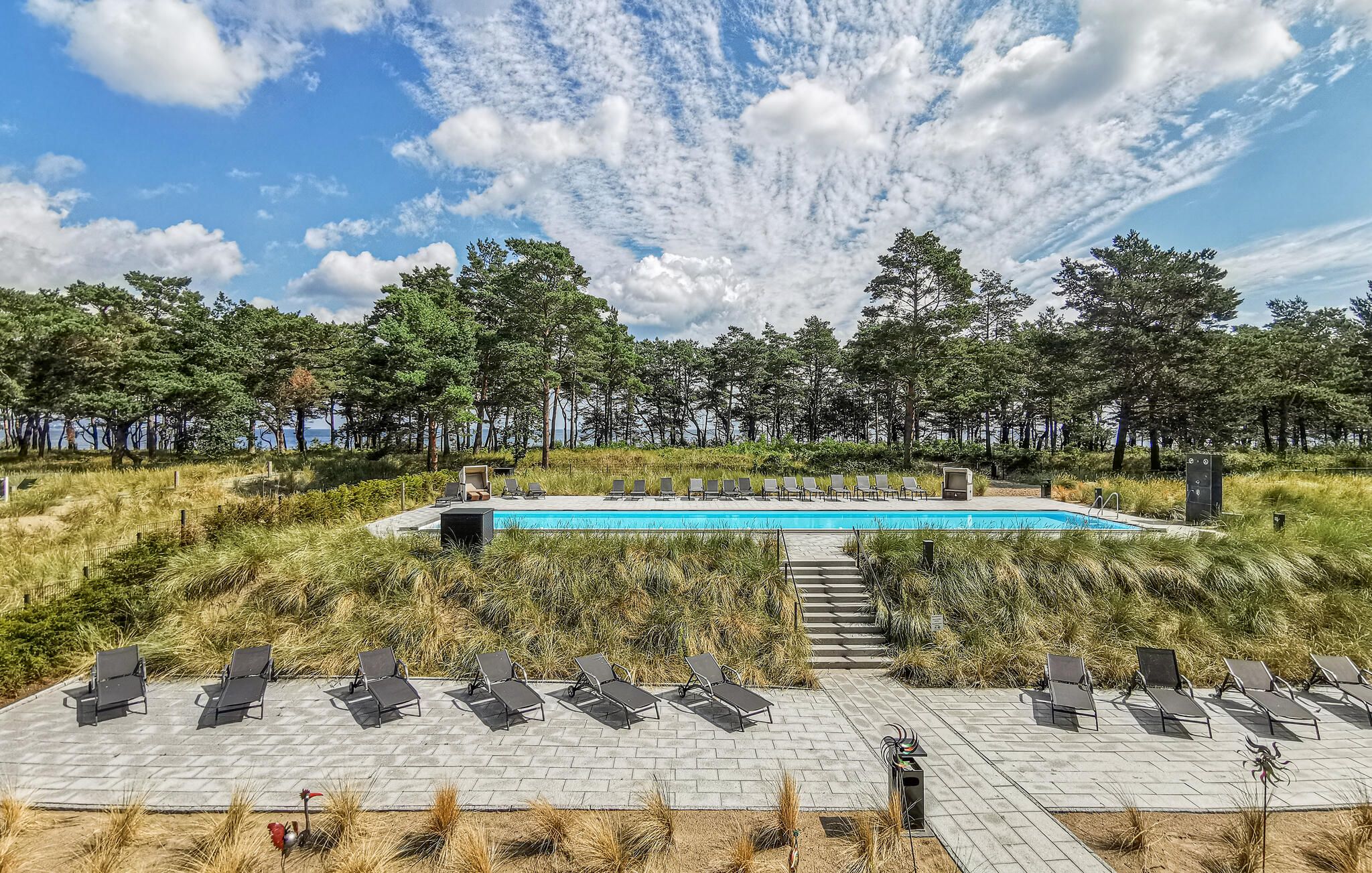 Un espace piscine doté de chaises longues et offrant une vue sur la forêt environnante.