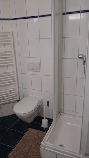 A bathroom with a toilet, a shower, and a towel rack. - Double room Cat. I - Double Room Golf-Centrum Schloss Karnitz (Garz/Rügen)