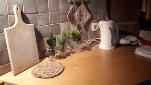 A kitchen counter with a cutting board, a kettle, and potted plants. - Holiday home with sea view and pool (Dobreć)