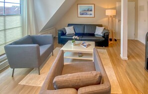 Flat-screen TV, fireplace
