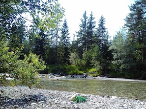 A river with a rocky shore, surrounded by dense forest and tall evergreen trees. - Blauberg vacation apartment - Nagel vacation apartments, Kreuth-Enterbach (Kreuth)