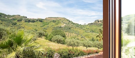 A view from a window overlooking a hilly landscape with greenery and a distant building.
