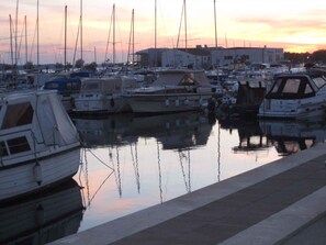 Boats docked in a serene marina with calm waters.