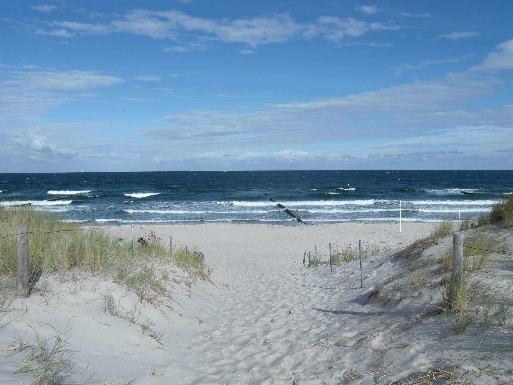 A sandy beach with ocean waves, a wooden fence, and a clear sky.