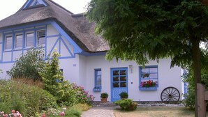 A traditional house with a thatched roof, a blue door, and a number '38' on the wall.