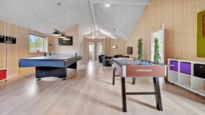 A spacious indoor area with a foosball table, a pool table, and a billiards table. - Stunning home in Tranekær with sauna (Tranekær)