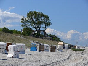 A beach with beach chairs, a boat, and a house in the background. - Möwennest - FW Möwennest (Ahrenshoop)