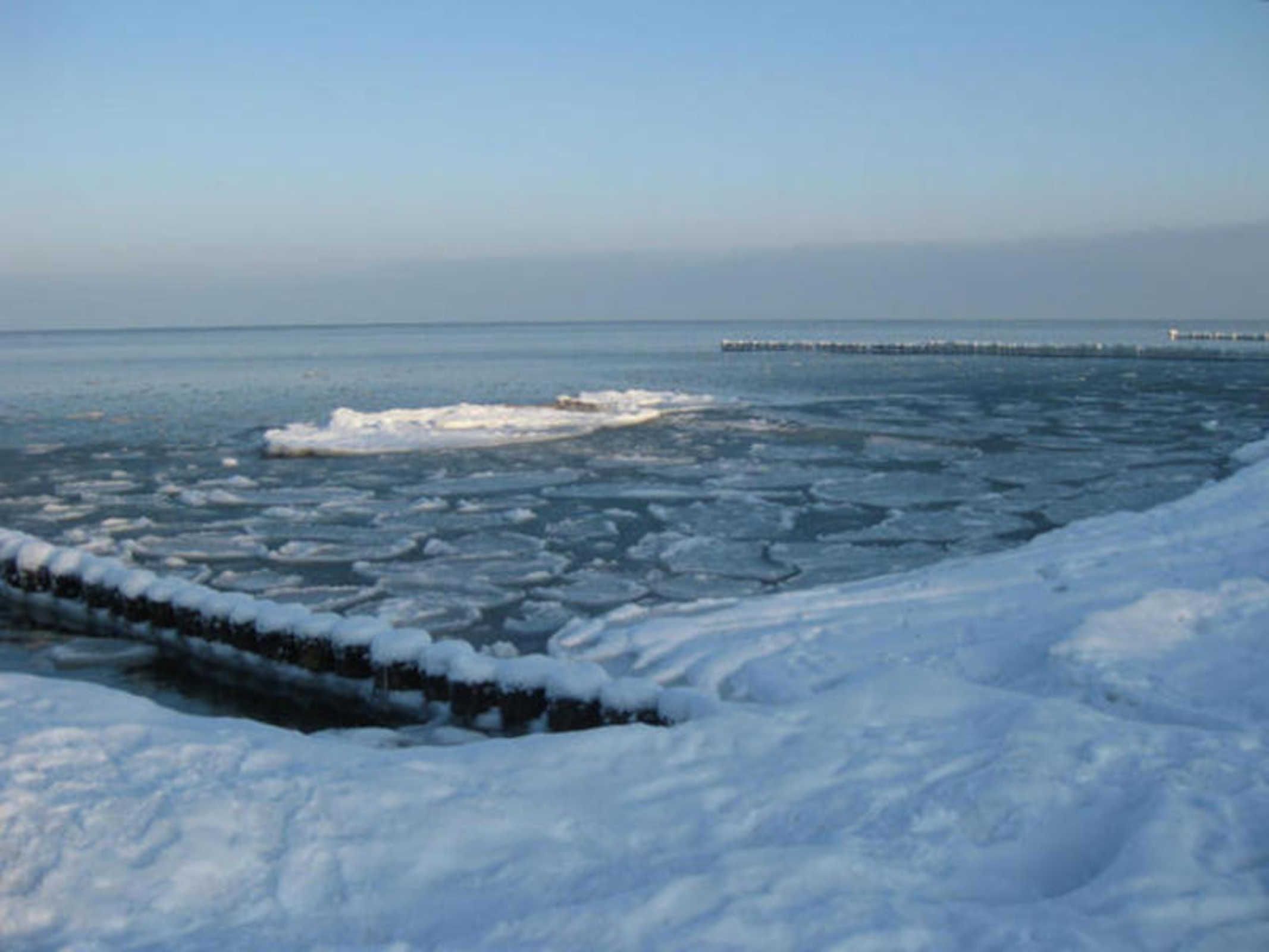 En frusen vattenyta med isflak och en snötäckt strand.