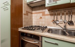 Kitchen features a gas stove, oven, and stainless steel sink with modern faucet.
